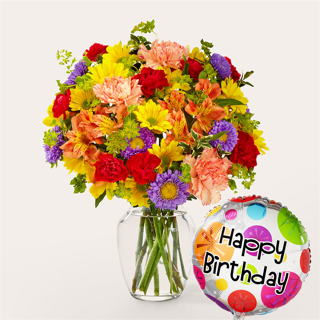 Kaleidoscope Bouquet with Birthday Balloon – Blooming Designs By Michelle, Oakdale MN