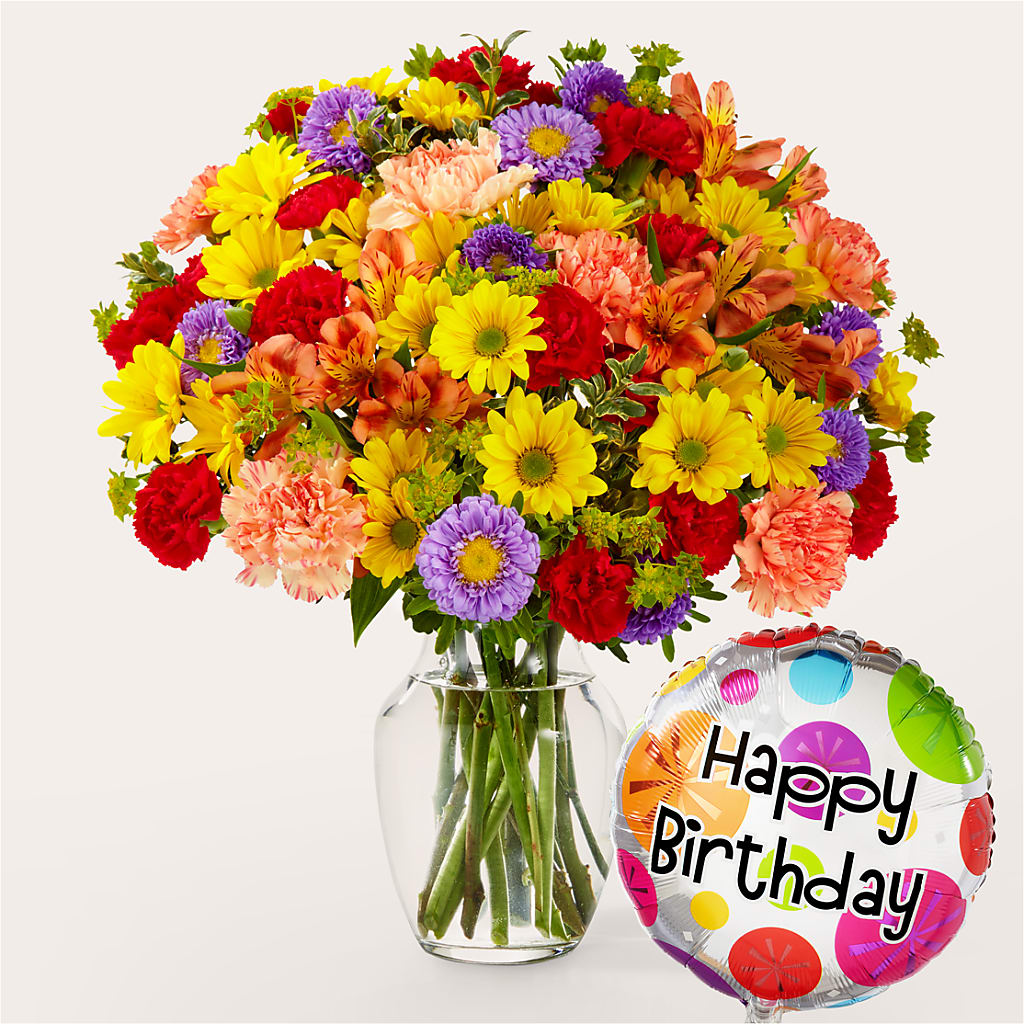 Kaleidoscope Bouquet with Birthday Balloon – Blooming Designs By Michelle, Oakdale MN
