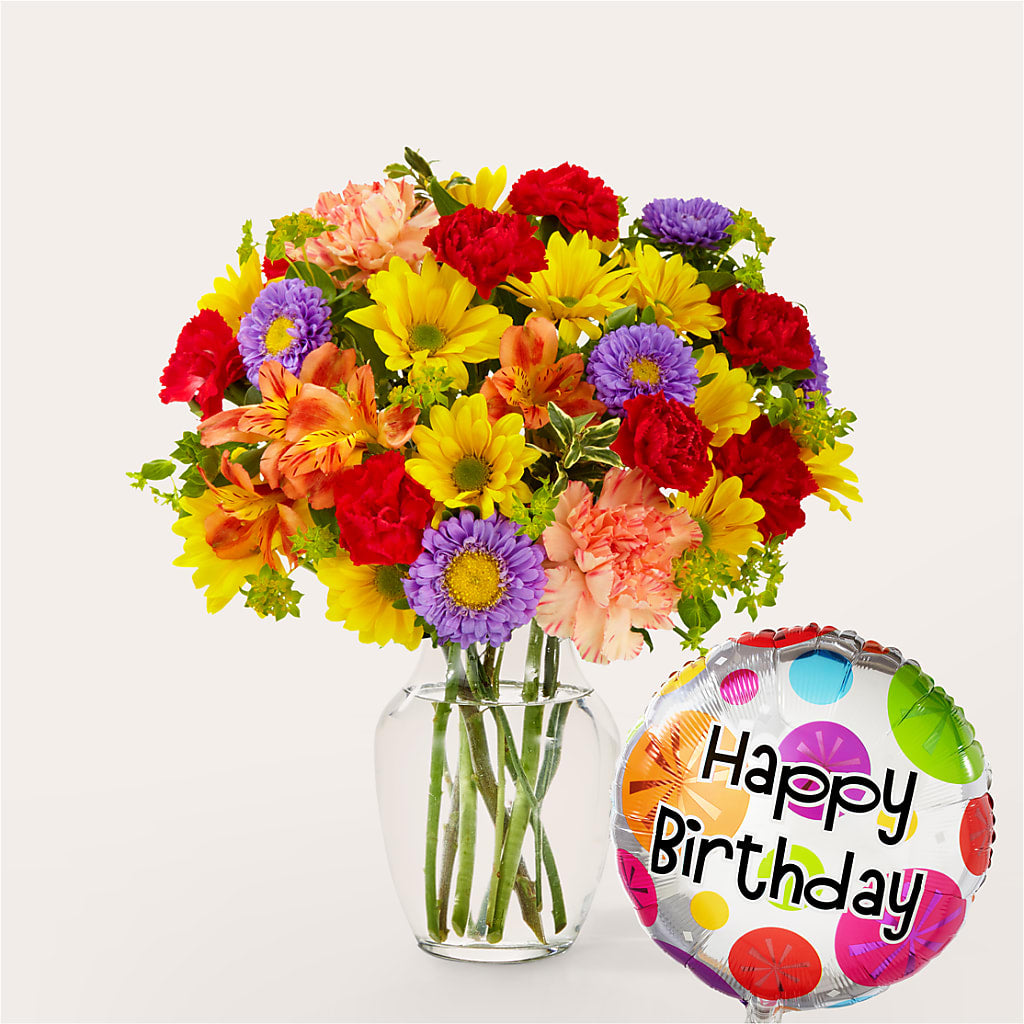 Kaleidoscope Bouquet with Birthday Balloon – Blooming Designs By Michelle, Oakdale MN