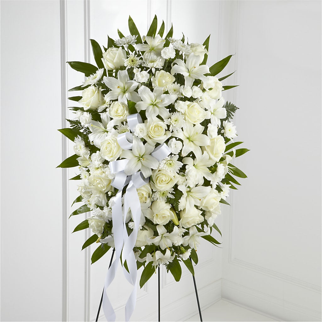 Exquisite Tribute Standing Spray-White Ribbon – Blooming Designs By Michelle, Oakdale MN