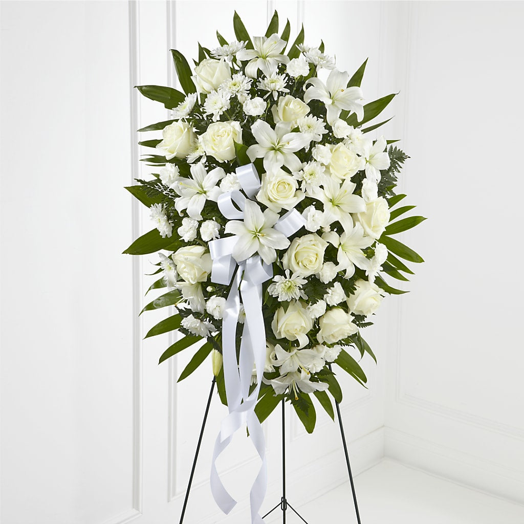 Exquisite Tribute Standing Spray-White Ribbon – Blooming Designs By Michelle, Oakdale MN