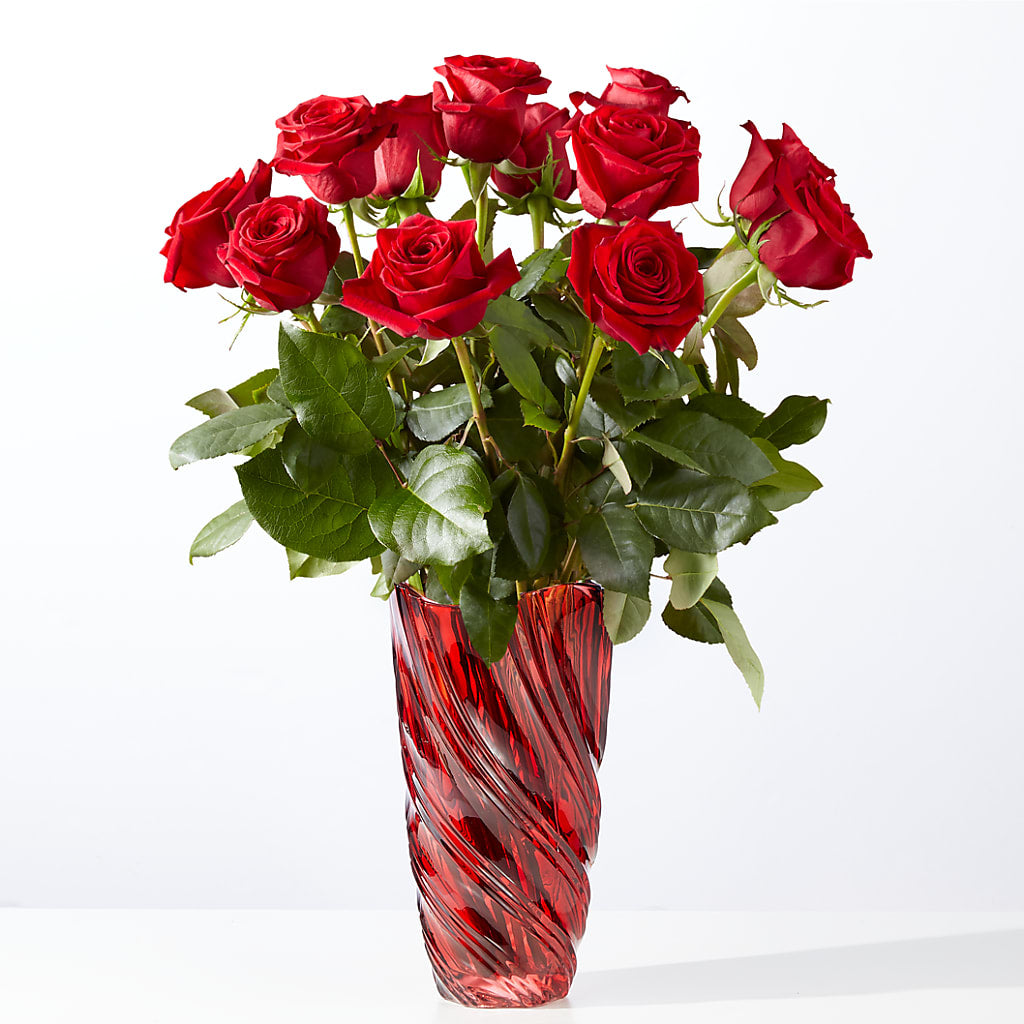Classic Love Red Rose Bouquet with Luxe Swirl Vase – Blooming Designs By Michelle, Oakdale MN